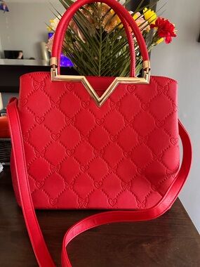 Red Quilted Top-Handle Satchel with Gold V Accent